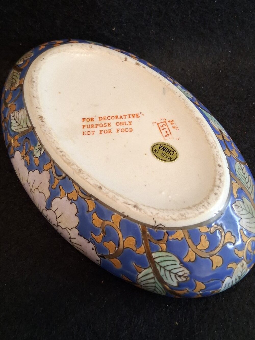 VTG Made in China Chinoiserie Ceramic Oval Trinket Box Bird & Floral Gold Accent - Picture 12 of 13